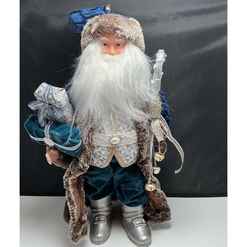 North Pole Trading Co. 2023 Santa Figurine 18" Blue Velvet Silver Glitter Staff